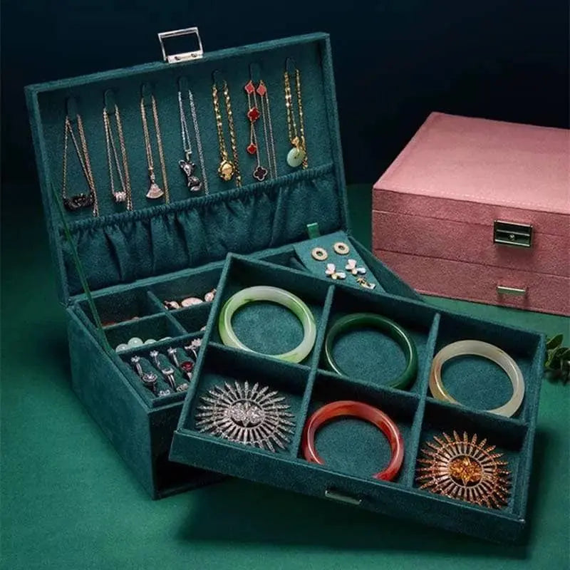 Two-Layer Jewelry Box Organizer Display Storage Case with Lock Suede Portable Leather Jewelry Box for Storing Watch, Earring, Ring, Chain JettsJewelers