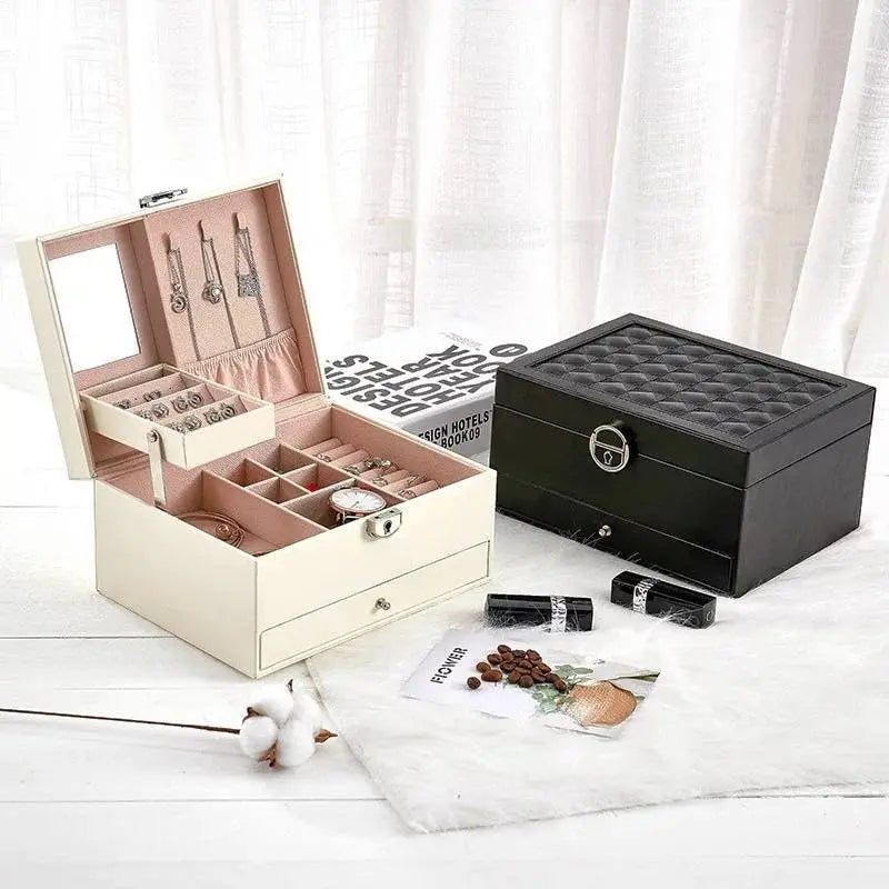 Two layer Leather Jewelry Box Organizer With Lock Mirror for Women Girls Travel Case Display Storage - JettsJewelers
