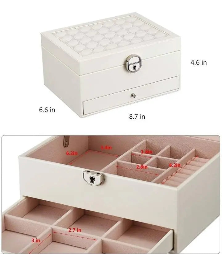 Two layer Leather Jewelry Box Organizer With Lock Mirror for Women Girls Travel Case Display Storage - JettsJewelers