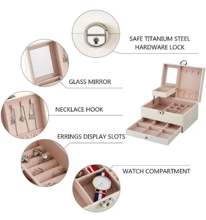 Two layer Leather Jewelry Box Organizer With Lock Mirror for Women Girls Travel Case Display Storage - JettsJewelers