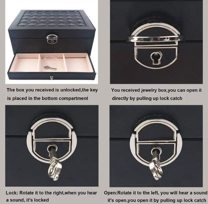 Two layer Leather Jewelry Box Organizer With Lock Mirror for Women Girls Travel Case Display Storage - JettsJewelers