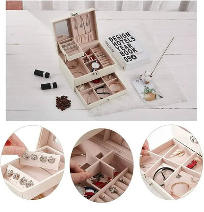 Two layer Leather Jewelry Box Organizer With Lock Mirror for Women Girls Travel Case Display Storage - JettsJewelers