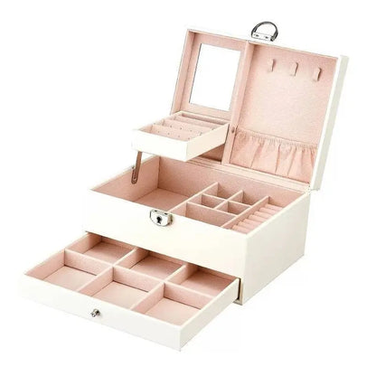 Two layer Leather Jewelry Box Organizer With Lock Mirror for Women Girls Travel Case Display Storage - JettsJewelers