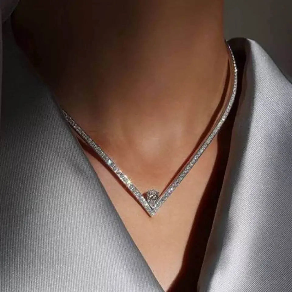 V Shape Rhinestone Necklace Zirconia Water Drop Crystal Choker JettsJewelers