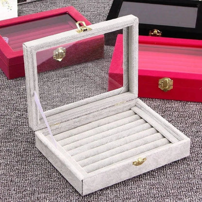 Velvet Glass Jewelry Ring Display Stand Storage Box Ring Earrings Jewelry Box Ring Holder Case - JettsJewelers