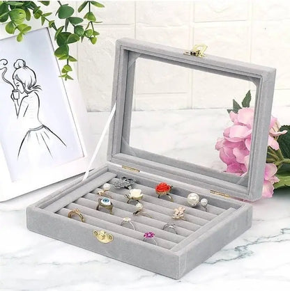 Velvet Glass Jewelry Ring Display Stand Storage Box Ring Earrings Jewelry Box Ring Holder Case - JettsJewelers