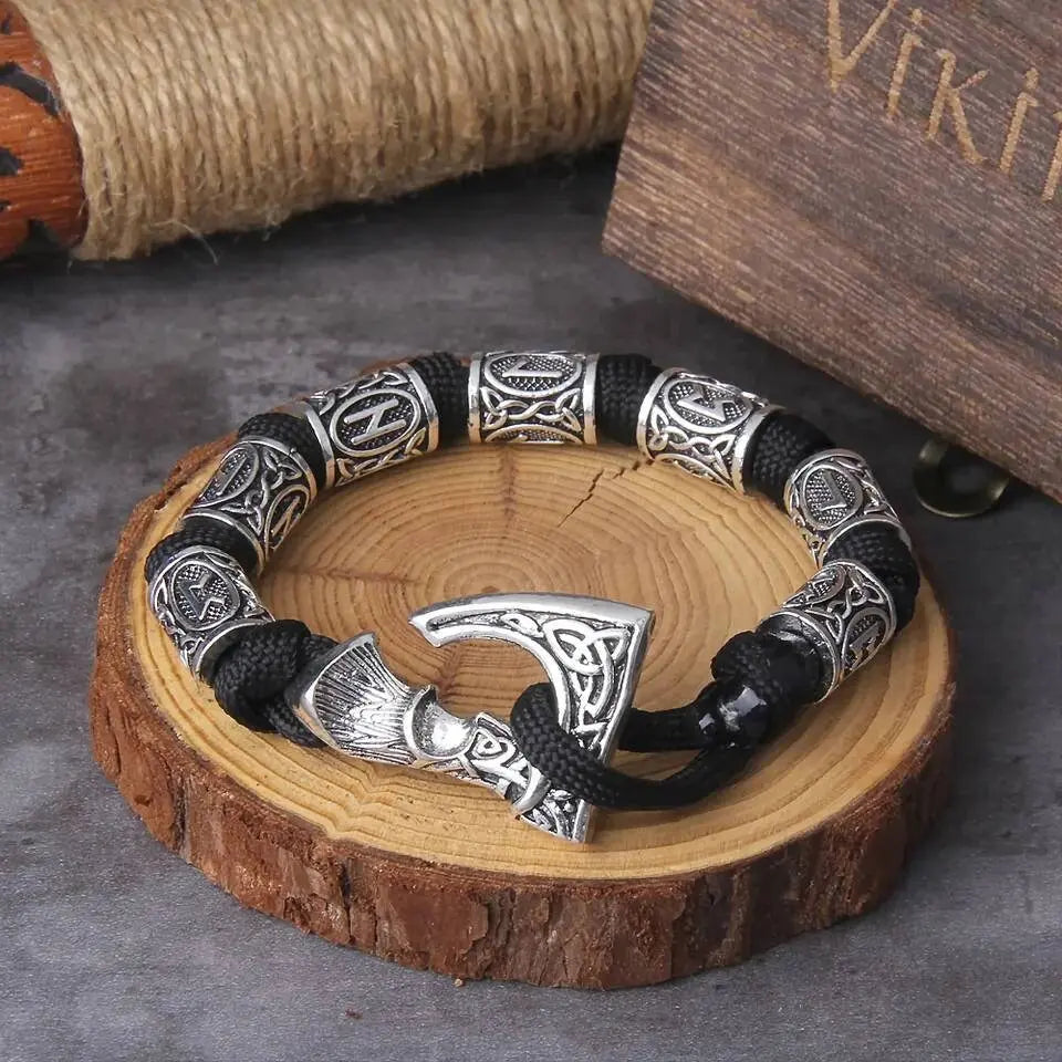 Vikings Thor Axe Wrap Bracelets Men Mjolnir Hammer Camping Paracord Survival Rope Wristband Amulet Handmade Male Jewelry Gifts - Black JettsJewelers