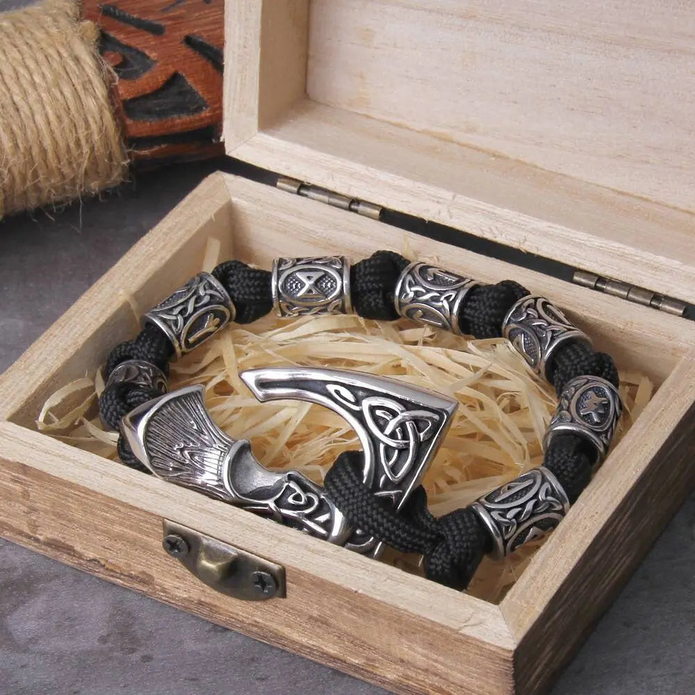 Vikings Thor Axe Wrap Bracelets Men Mjolnir Hammer Camping Paracord Survival Rope Wristband Amulet Handmade Male Jewelry Gifts - Black JettsJewelers