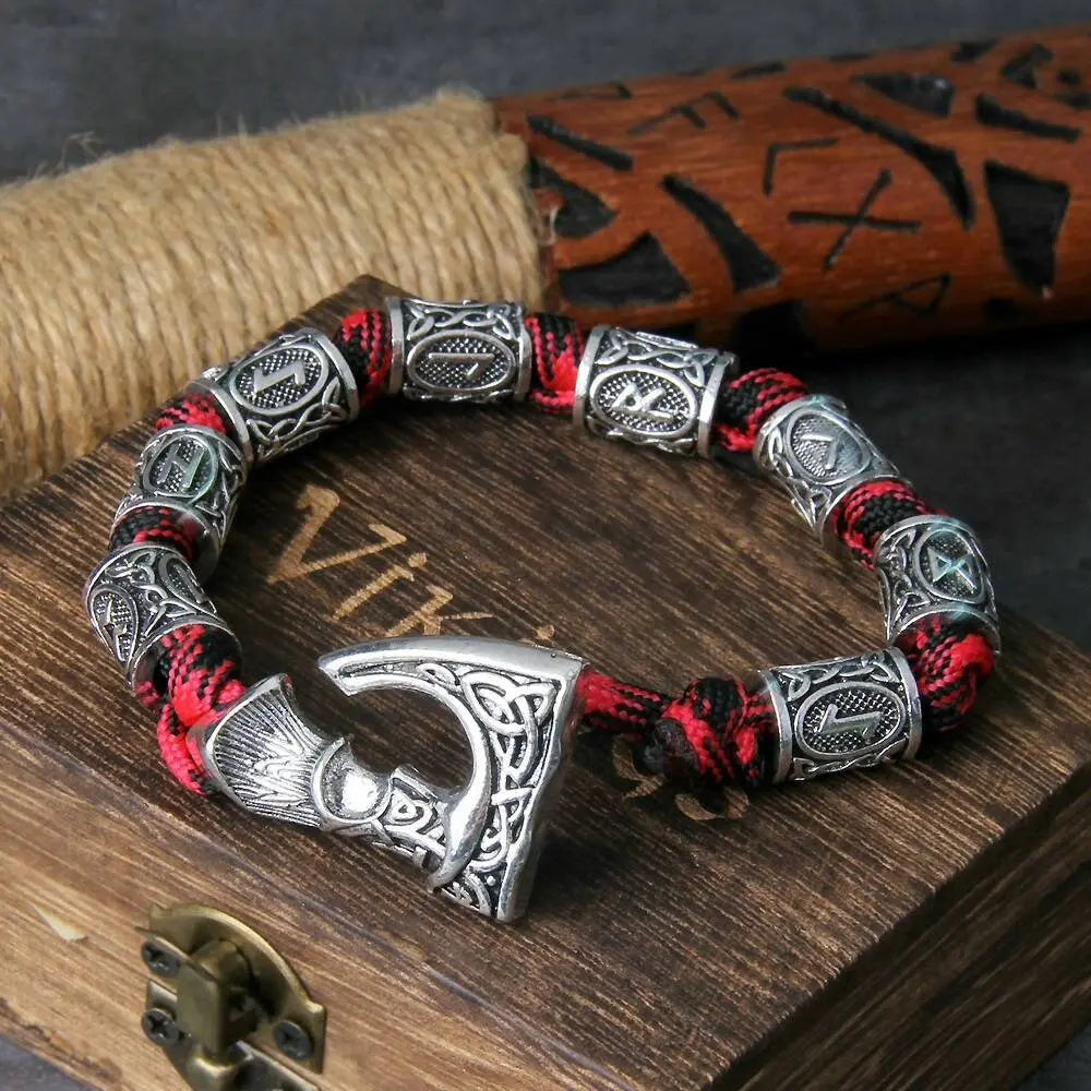 Vikings Thor Axe Wrap Bracelets Men Mjolnir Hammer Camping Paracord Survival Rope Wristband Amulet Handmade Male Jewelry Gifts - Black Red JettsJewelers