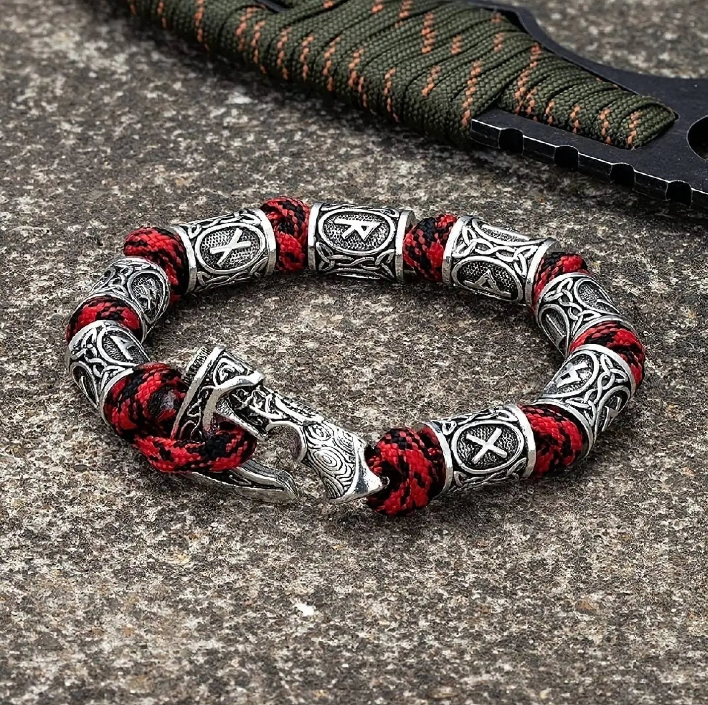 Vikings Thor Axe Wrap Bracelets Men Mjolnir Hammer Camping Paracord Survival Rope Wristband Amulet Handmade Male Jewelry Gifts - Black Red JettsJewelers