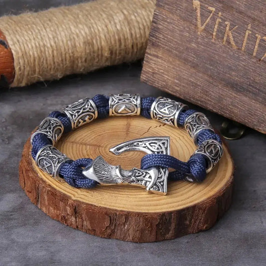 Vikings Thor Axe Wrap Bracelets Men Mjolnir Hammer Camping Paracord Survival Rope Wristband Amulet Handmade Male Jewelry Gifts - Blue JettsJewelers