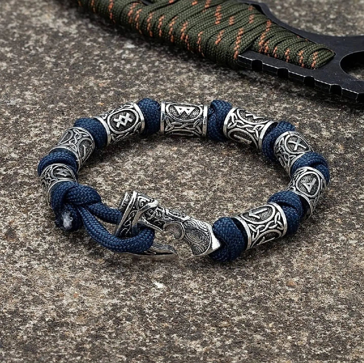 Vikings Thor Axe Wrap Bracelets Men Mjolnir Hammer Camping Paracord Survival Rope Wristband Amulet Handmade Male Jewelry Gifts - Blue JettsJewelers