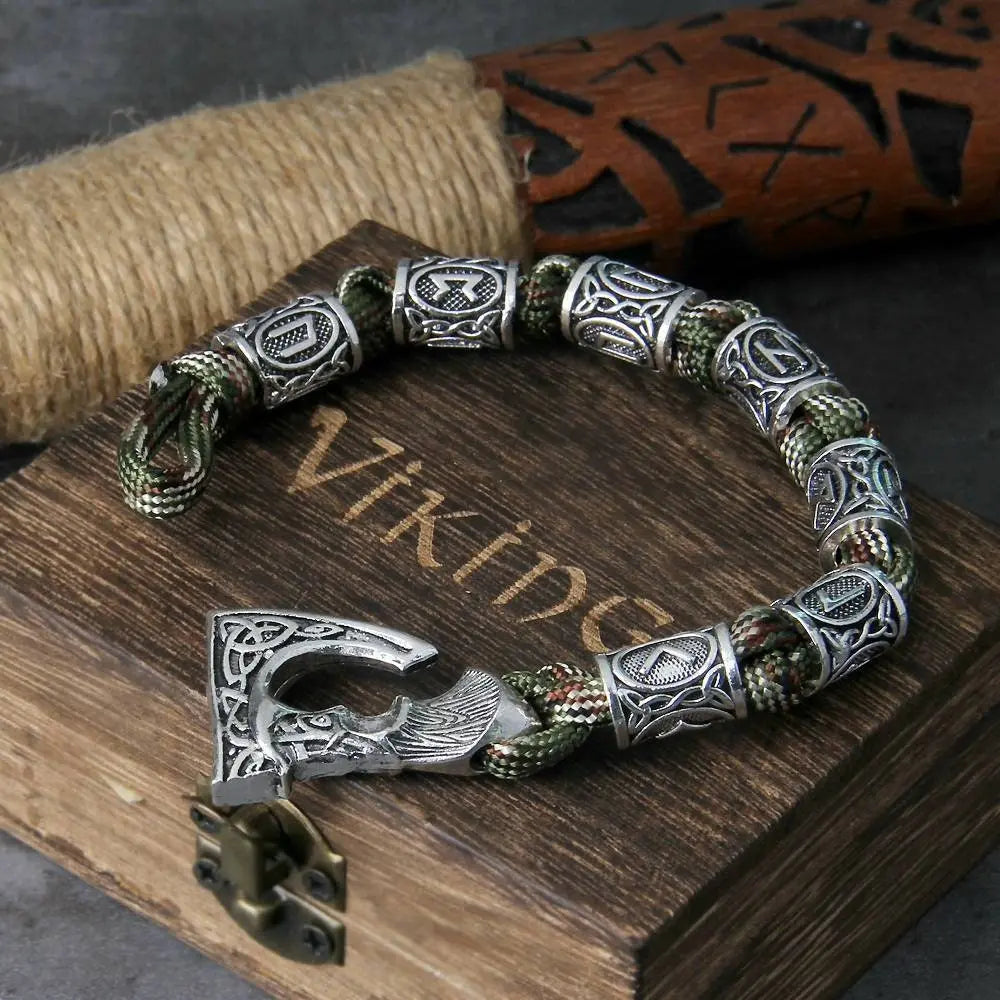 Vikings Thor Axe Wrap Bracelets Men Mjolnir Hammer Camping Paracord Survival Rope Wristband Amulet Handmade Male Jewelry Gifts - Green JettsJewelers