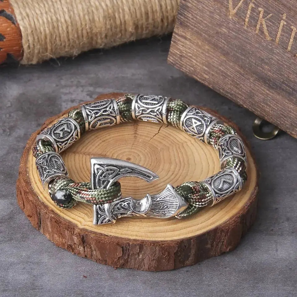 Vikings Thor Axe Wrap Bracelets Men Mjolnir Hammer Camping Paracord Survival Rope Wristband Amulet Handmade Male Jewelry Gifts - Green JettsJewelers