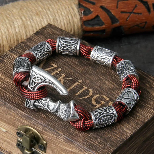 Vikings Thor Axe Wrap Bracelets Men Mjolnir Hammer Camping Paracord Survival Rope Wristband Amulet Handmade Male Jewelry Gifts - Red Black JettsJewelers