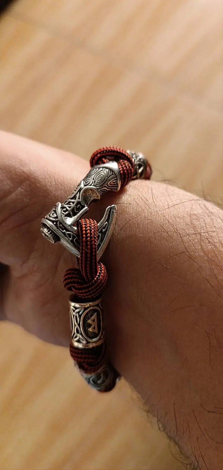 Vikings Thor Axe Wrap Bracelets Men Mjolnir Hammer Camping Paracord Survival Rope Wristband Amulet Handmade Male Jewelry Gifts - Red Black JettsJewelers