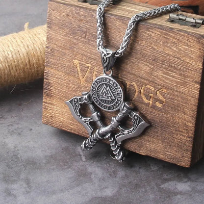 Vintage Nordic Double Axe Pendant Necklace Stainless Steel JettsJewelers