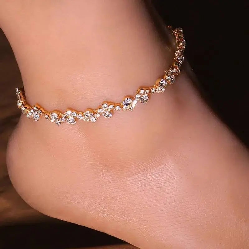 Wavy Rhinestones Anklet Foot Jewelry for Women Beach Barefoot Chain Bracelet On the Leg Accessories Gift JettsJewelers