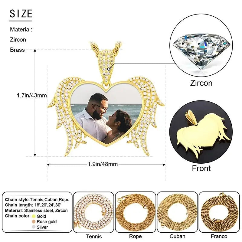 Winged Heart Picture Necklace with Engraving Personalized for Men Women, 18K Gold/Platinum Plated AAA CZ Medallion Customized Photo Pendant JettsJewelers