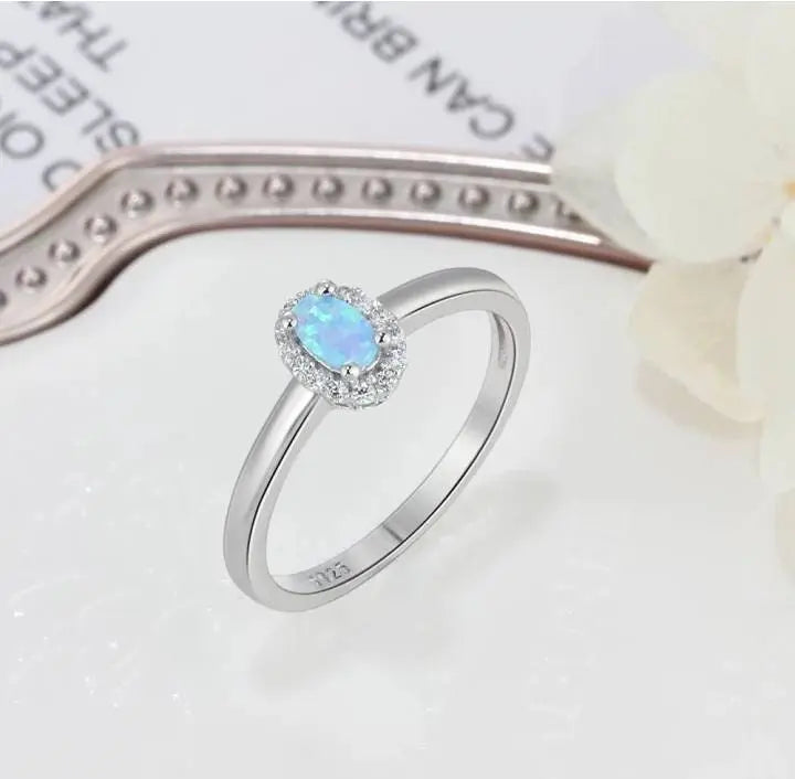 Women 925 Sterling Silver Rings Created Oval Blue White Opal Ring with Surrounding Zircon - JettsJewelers