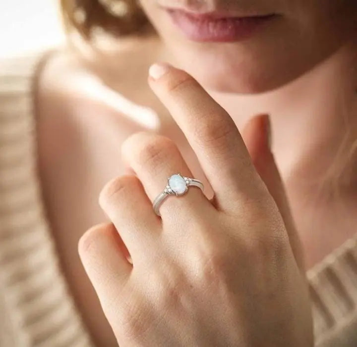 Women 925 Sterling Silver Rings Oval White Opal Ring with Zirconia - JettsJewelers