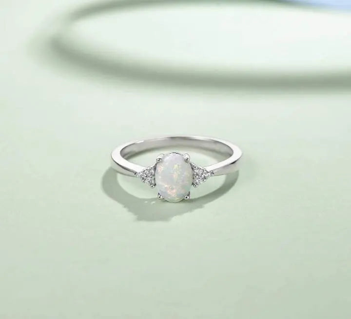 Women 925 Sterling Silver Rings Oval White Opal Ring with Zirconia - JettsJewelers