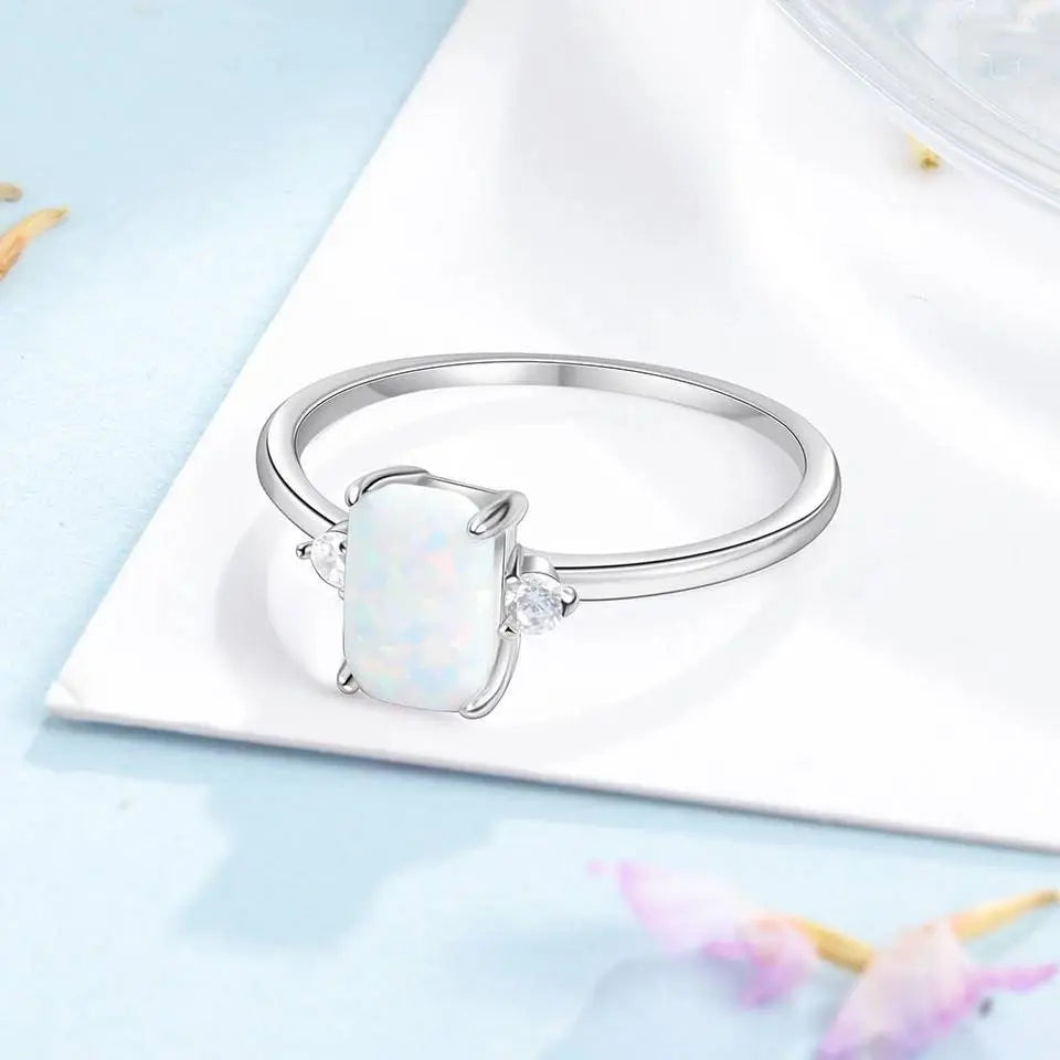 Women 925 Sterling Silver Rings Rectangular White Opal Ring with Zircon - JettsJewelers
