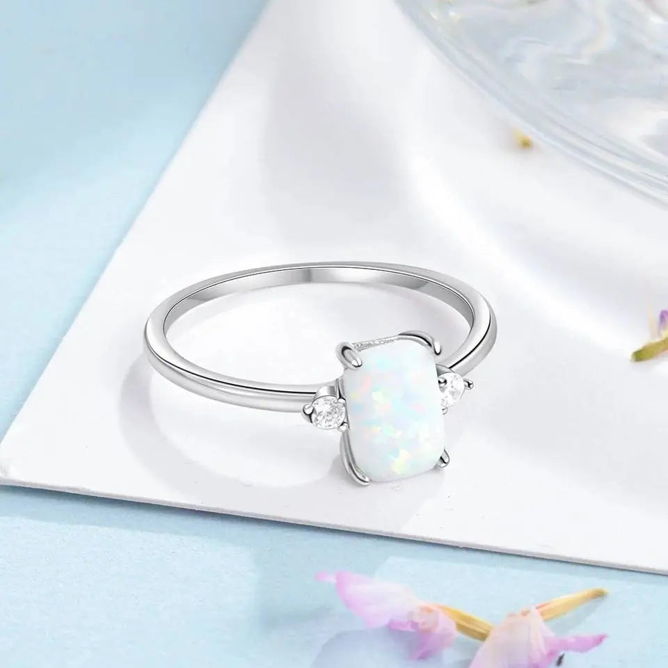 Women 925 Sterling Silver Rings Rectangular White Opal Ring with Zircon - JettsJewelers