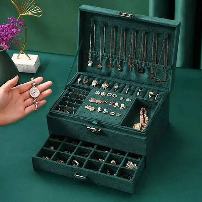 Women Jewelry Organizer Box, 3-Layer Velvet Jewelry Boxes Display Storage Case with Lock for Rings Necklace Earrings - JettsJewelers