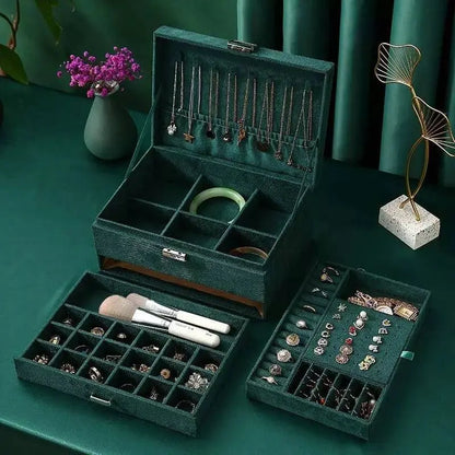 Women Jewelry Organizer Box, 3-Layer Velvet Jewelry Boxes Display Storage Case with Lock for Rings Necklace Earrings - JettsJewelers