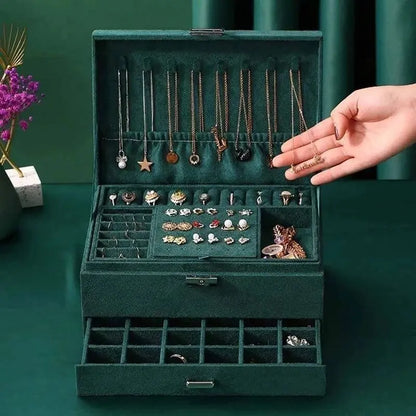 Women Jewelry Organizer Box, 3-Layer Velvet Jewelry Boxes Display Storage Case with Lock for Rings Necklace Earrings - JettsJewelers
