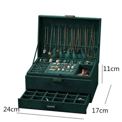 Women Jewelry Organizer Box, 3-Layer Velvet Jewelry Boxes Display Storage Case with Lock for Rings Necklace Earrings - JettsJewelers