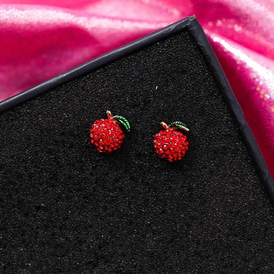 Women's Red Fruit Stud Earrings Ultra Light - Lead and Nickle Free Enamel & Crystals - Red Fruit Charm Piercing Jewelry Cherry Strawberry - JettsJewelers