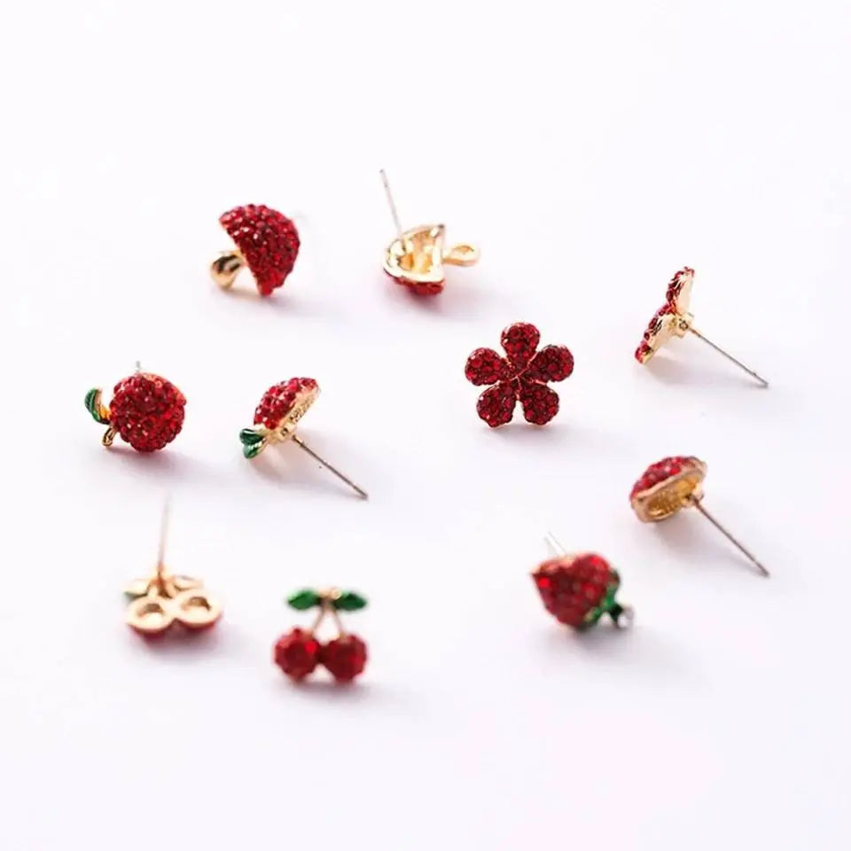 Women's Red Fruit Stud Earrings Ultra Light - Lead and Nickle Free Enamel & Crystals - Red Fruit Charm Piercing Jewelry Cherry Strawberry - JettsJewelers
