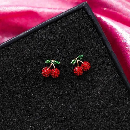 Women's Red Fruit Stud Earrings Ultra Light - Lead and Nickle Free Enamel & Crystals - Red Fruit Charm Piercing Jewelry Cherry Strawberry JettsJewelers
