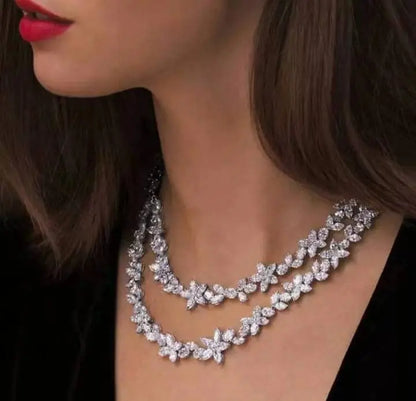 Womens 2 Layered Flower Cubic Zirconia Necklace JettsJewelers