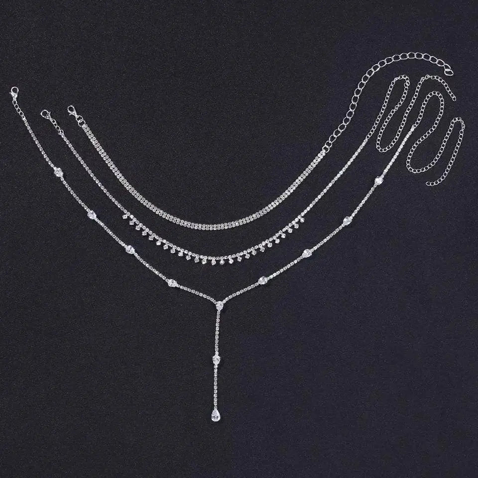 Womens 3 Pc Set Tassel Rhinestone Pendants Necklace Choker JettsJewelers