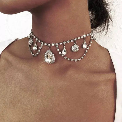 Womens Decor Multi-layered Drop Rhinestone Gem Pendants Necklace Choker JettsJewelers