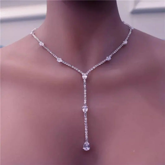 Womens Multi Rhinestones Chain Long Tassel Y Necklace Crystal Collar Necklace Choker JettsJewelers