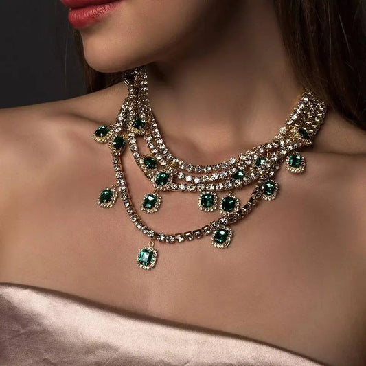 Womens Multi-layered Rhinestone Green Gem Pendant Necklace Round Emerald Necklace Statement Necklace JettsJewelers