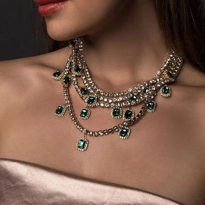 Womens Multi-layered Rhinestone Green Gem Pendant Necklace Round Emerald Necklace Statement Necklace JettsJewelers