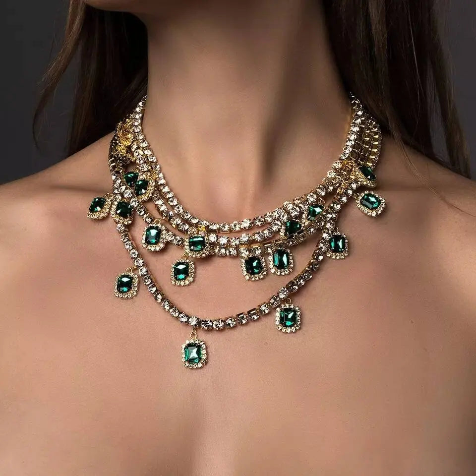 Womens Multi-layered Rhinestone Green Gem Pendant Necklace Round Emerald Necklace Statement Necklace JettsJewelers