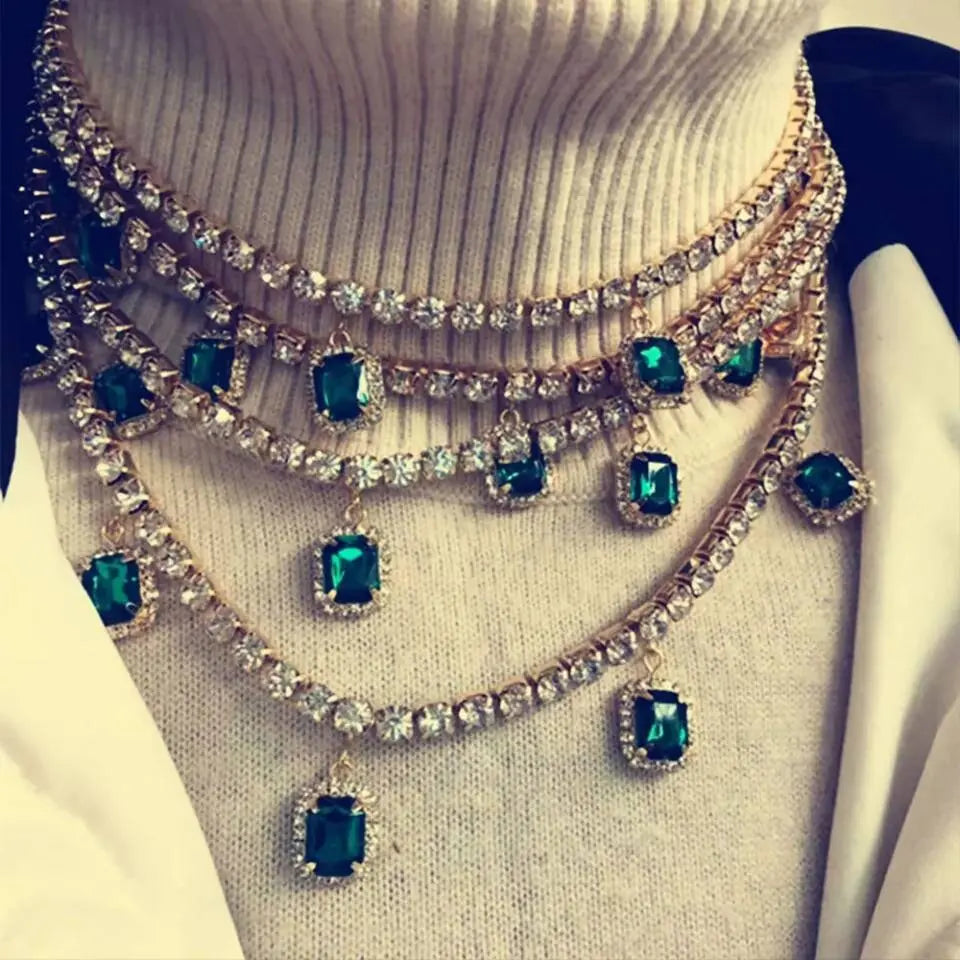 Womens Multi-layered Rhinestone Green Gem Pendant Necklace Round Emerald Necklace Statement Necklace JettsJewelers