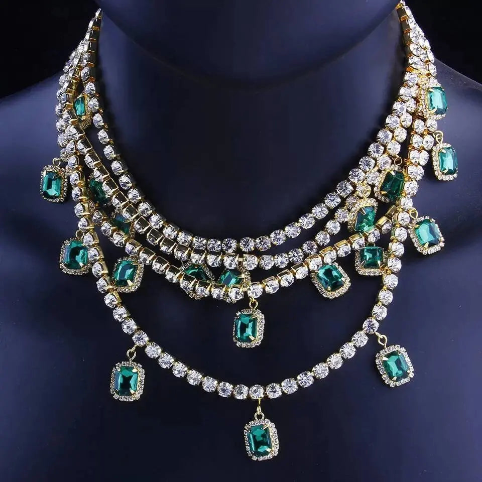 Womens Multi-layered Rhinestone Green Gem Pendant Necklace Round Emerald Necklace Statement Necklace JettsJewelers