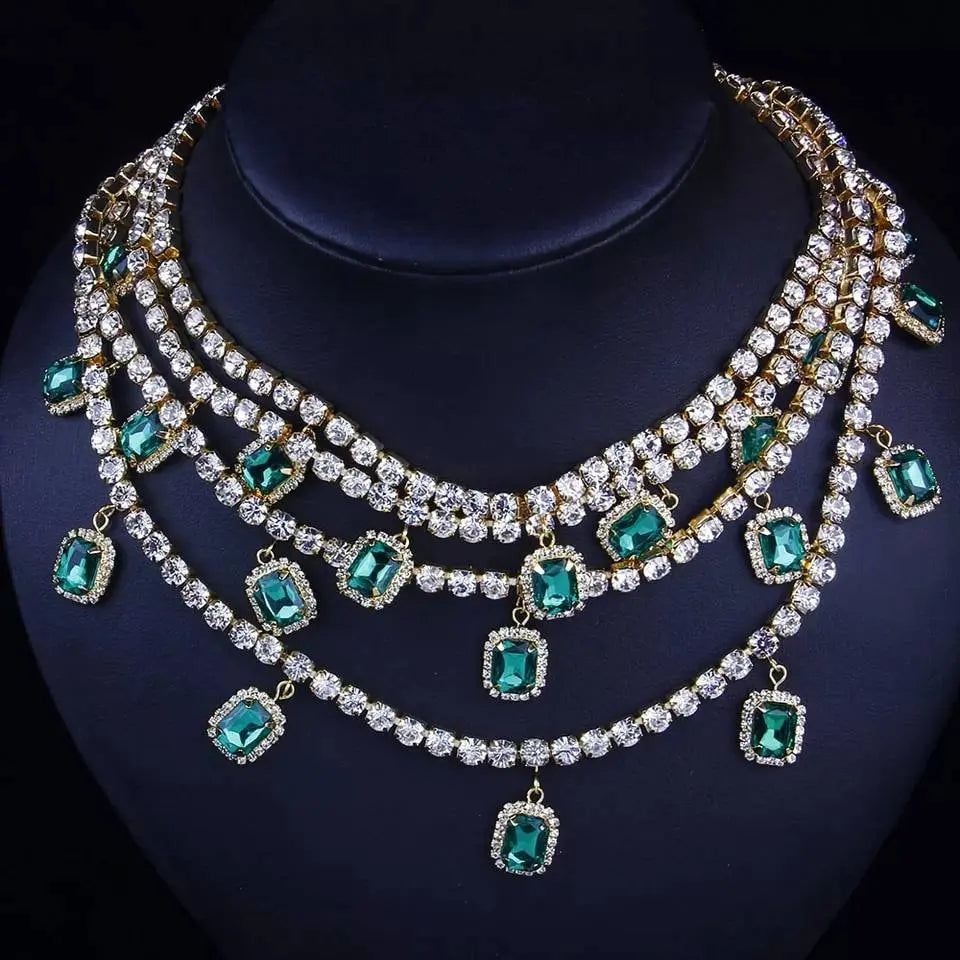Womens Multi-layered Rhinestone Green Gem Pendant Necklace Round Emerald Necklace Statement Necklace JettsJewelers