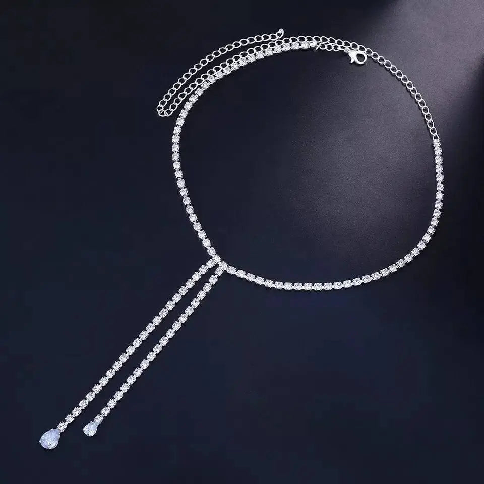 Womens Rhinestone Chain Long Tassel Necklace Crystal Collar Necklace Choker JettsJewelers