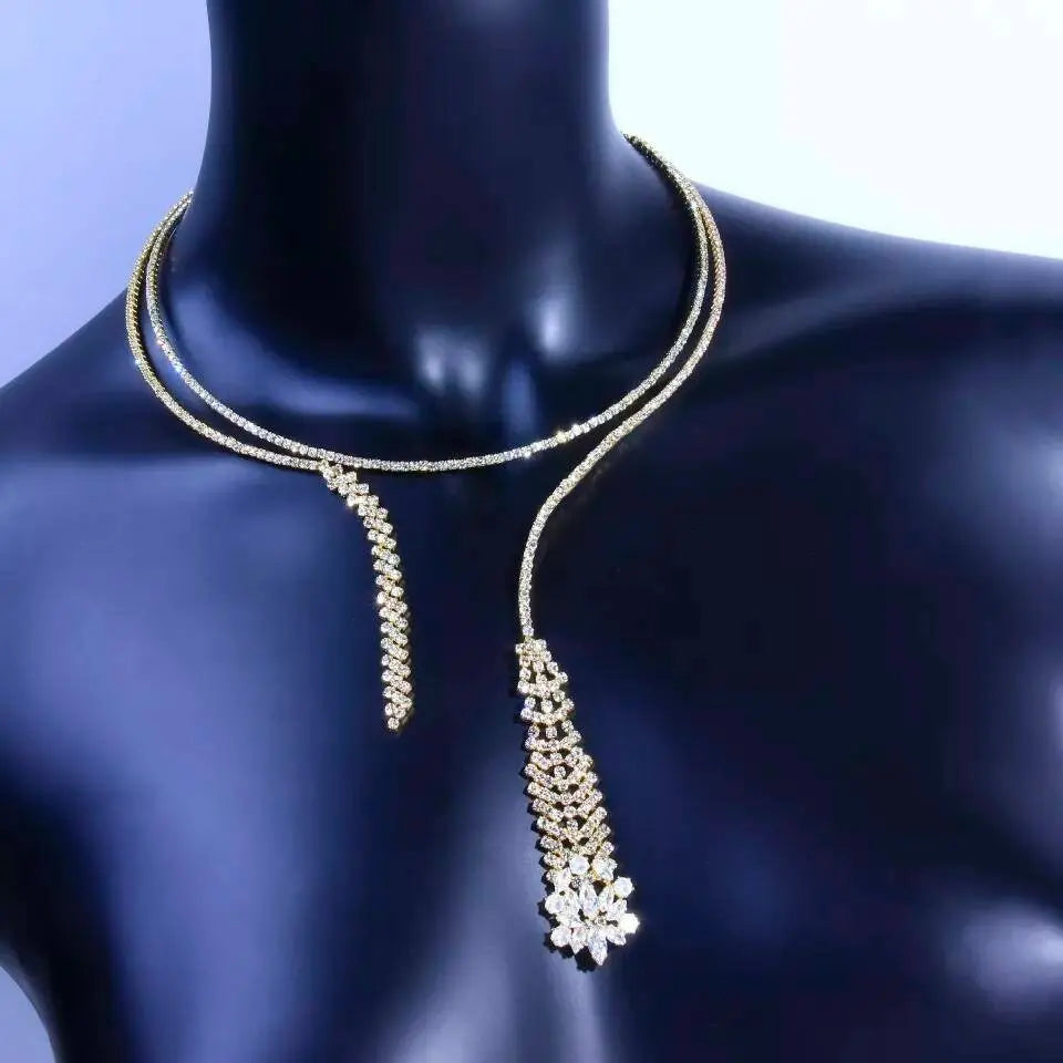 Womens Rhinestone Chain Long Tassel Necklace Round Crystal Collar Necklace Choker JettsJewelers