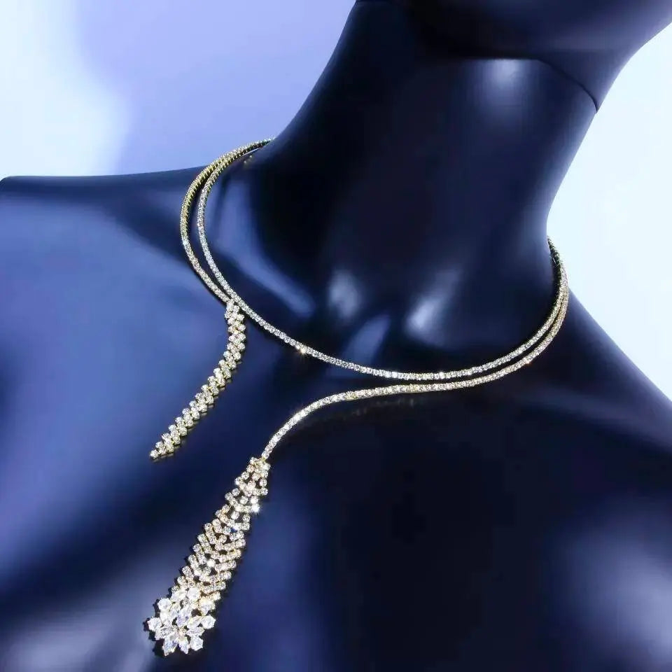 Womens Rhinestone Chain Long Tassel Necklace Round Crystal Collar Necklace Choker JettsJewelers