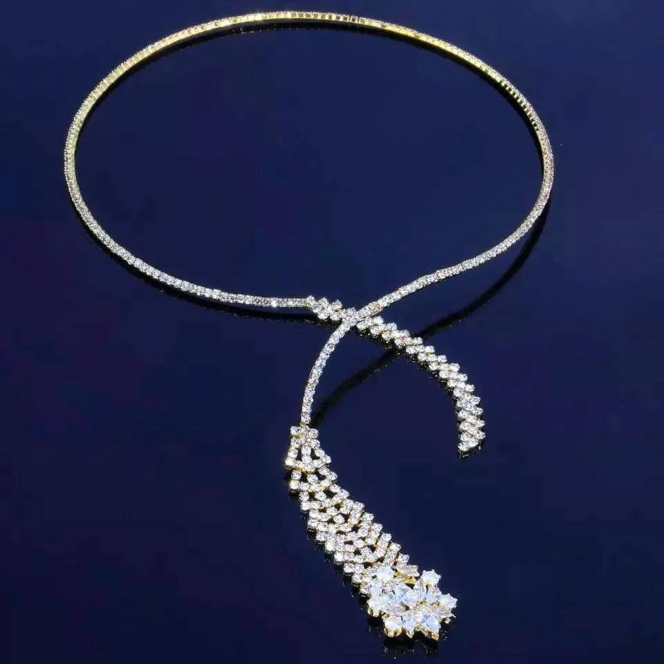 Womens Rhinestone Chain Long Tassel Necklace Round Crystal Collar Necklace Choker JettsJewelers