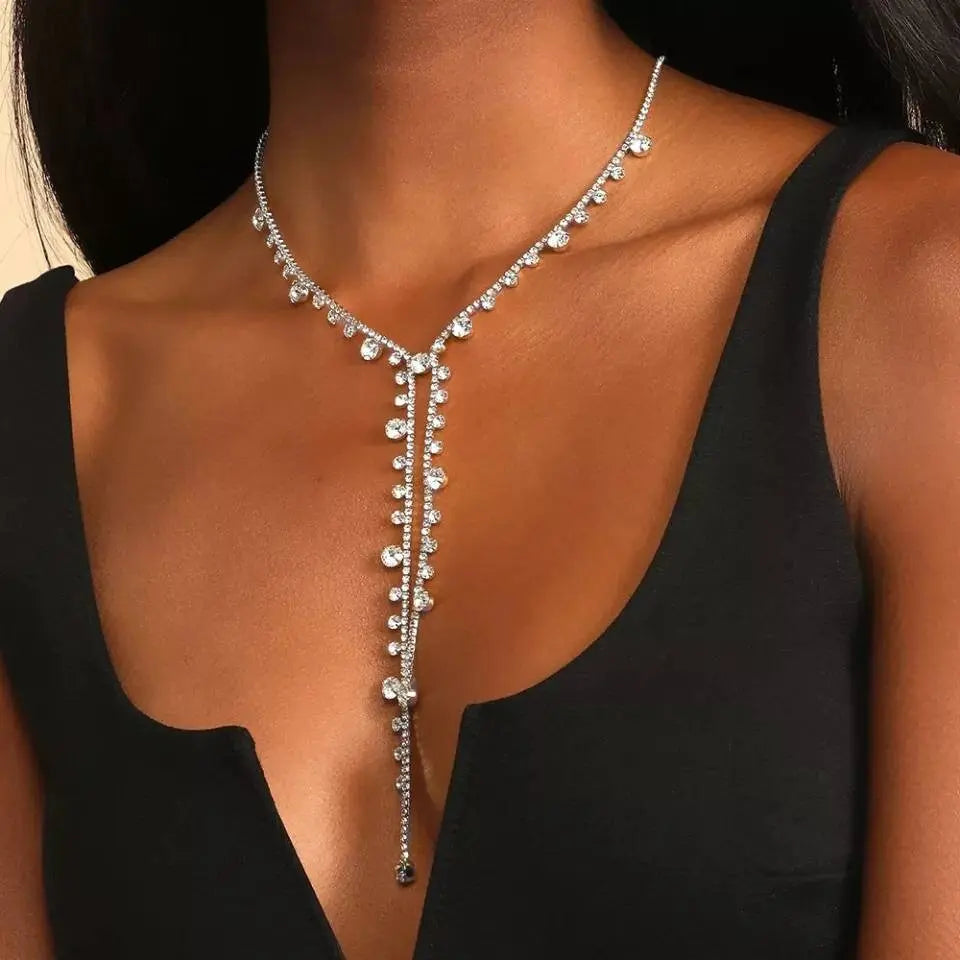 Womens Rhinestone Chain Long Tassel Necklace Round Crystal Collar Necklace JettsJewelers